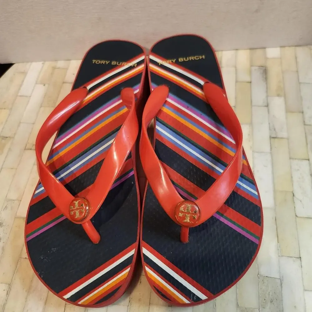 Tory Burch navy and red striped rubber wedge flip-flop sandals